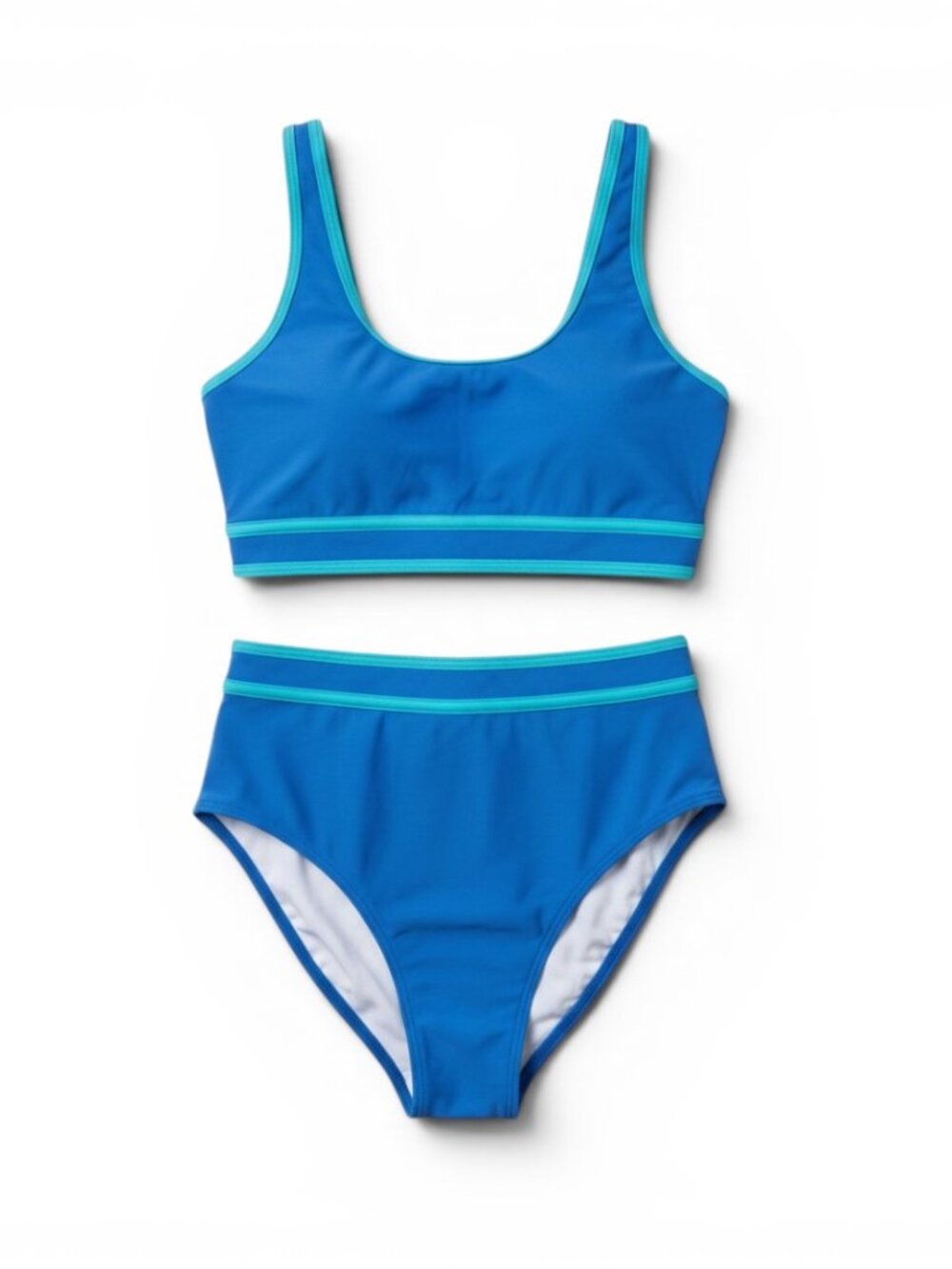 Blue High-Waist Two-Piece Swim Bikini with Contrast Trim